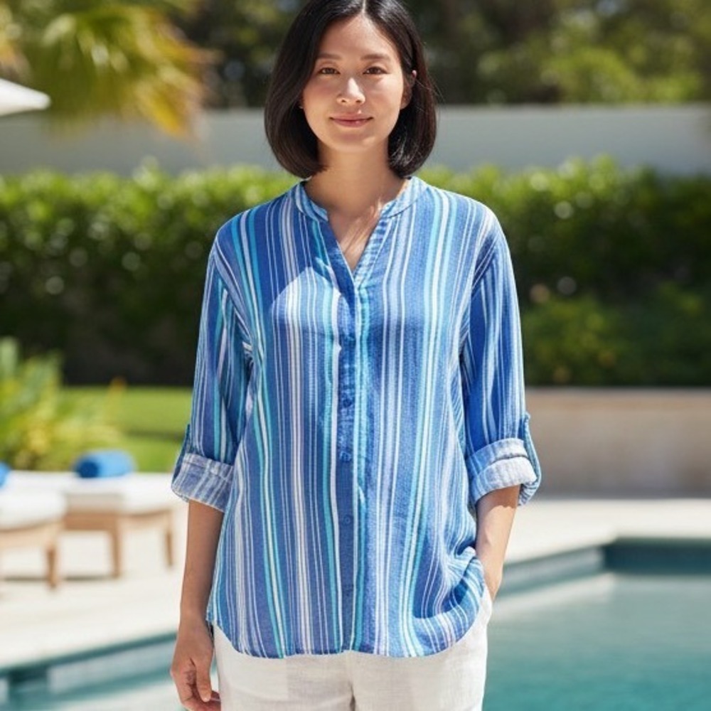Liz Claiborne Cotton Button Top XXL Blue Stripe Button Down Swim Cover Nautical